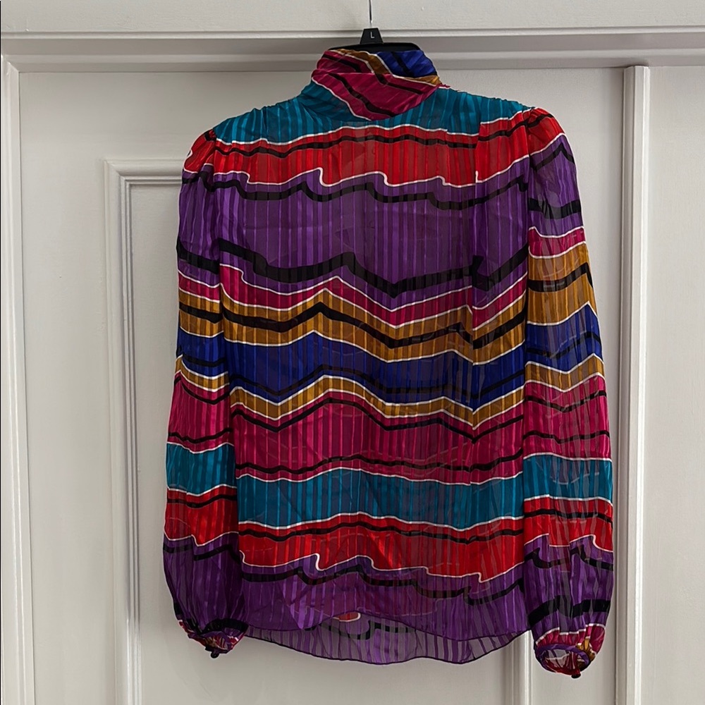 Grandmacore 80s Vintage 100% Silk Semi-Sheer Colorful Striped Women’s Blouse